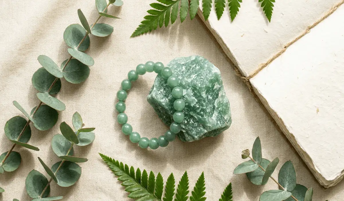 Which Hand Should You Wear a Green Aventurine Bracelet On? 5 - Buddha Bodhis Raw green aventurine crystal stone shown next to a polished green aventurine bracelet flat lay.