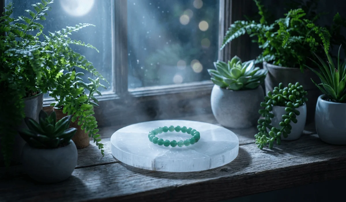 Which Hand Should You Wear a Green Aventurine Bracelet On? 6 - Buddha Bodhis Green aventurine bracelet resting on a selenite charging plate under full moonlight for cleansing.