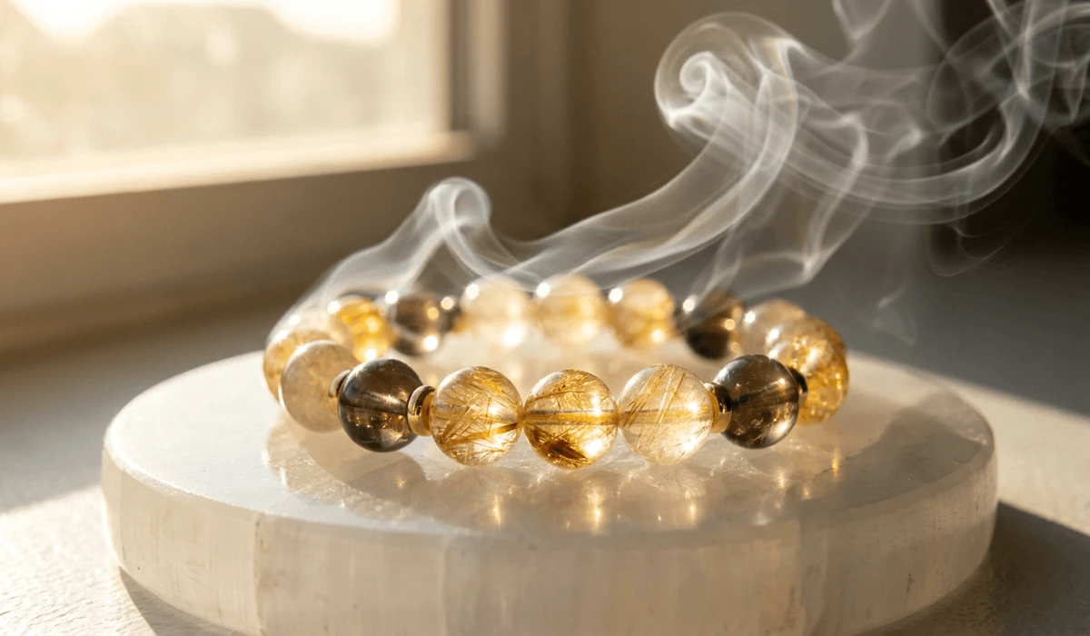 Which Hand to Wear Golden Rutilated Quartz: Feng Shui Rules for Attracting Wealth - Buddha Bodhis Cleansing a Gold Rutilated Quartz bracelet with White Sage smoke on a Selenite plate for Feng Shui wealth activation