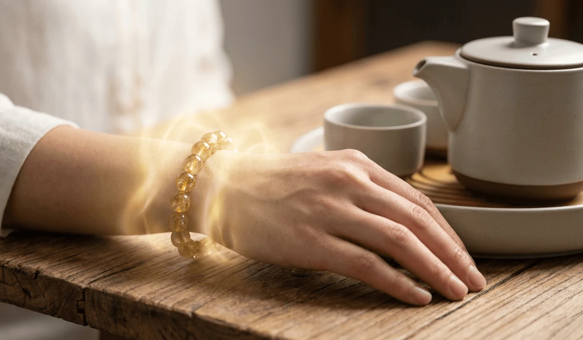 Which Hand to Wear Golden Rutilated Quartz: Feng Shui Rules for Attracting Wealth 2 - Buddha Bodhis Wearing a Gold Rutilated Quartz bracelet on the left wrist to absorb receiving energy and attract financial wealth Chi