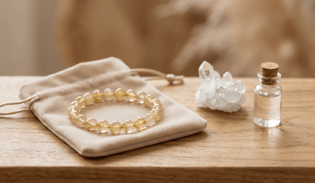 Which Hand to Wear Golden Rutilated Quartz: Feng Shui Rules for Attracting Wealth 3 - Buddha Bodhis Safe storage and protection of a Gold Rutilated Quartz bracelet in a velvet pouch on a sacred altar