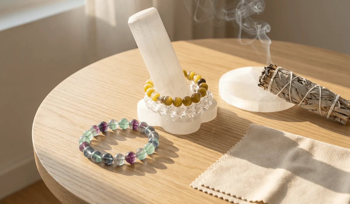 Which Hand Should You Wear a Fluorite Bracelet On? Left vs. Right Wrist - Buddha Bodhis Preparation tools for cleansing and activating a fluorite bracelet including a sage smudge stick and selenite cleansing plate.