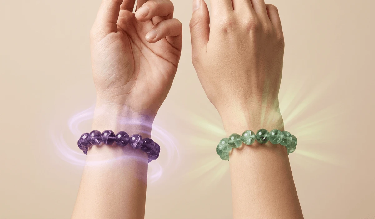 Which Hand Should You Wear a Fluorite Bracelet On? Left vs. Right Wrist 1 - Buddha Bodhis Comparison illustration of wearing a purple fluorite bracelet on the left receptive wrist versus the right projective wrist.