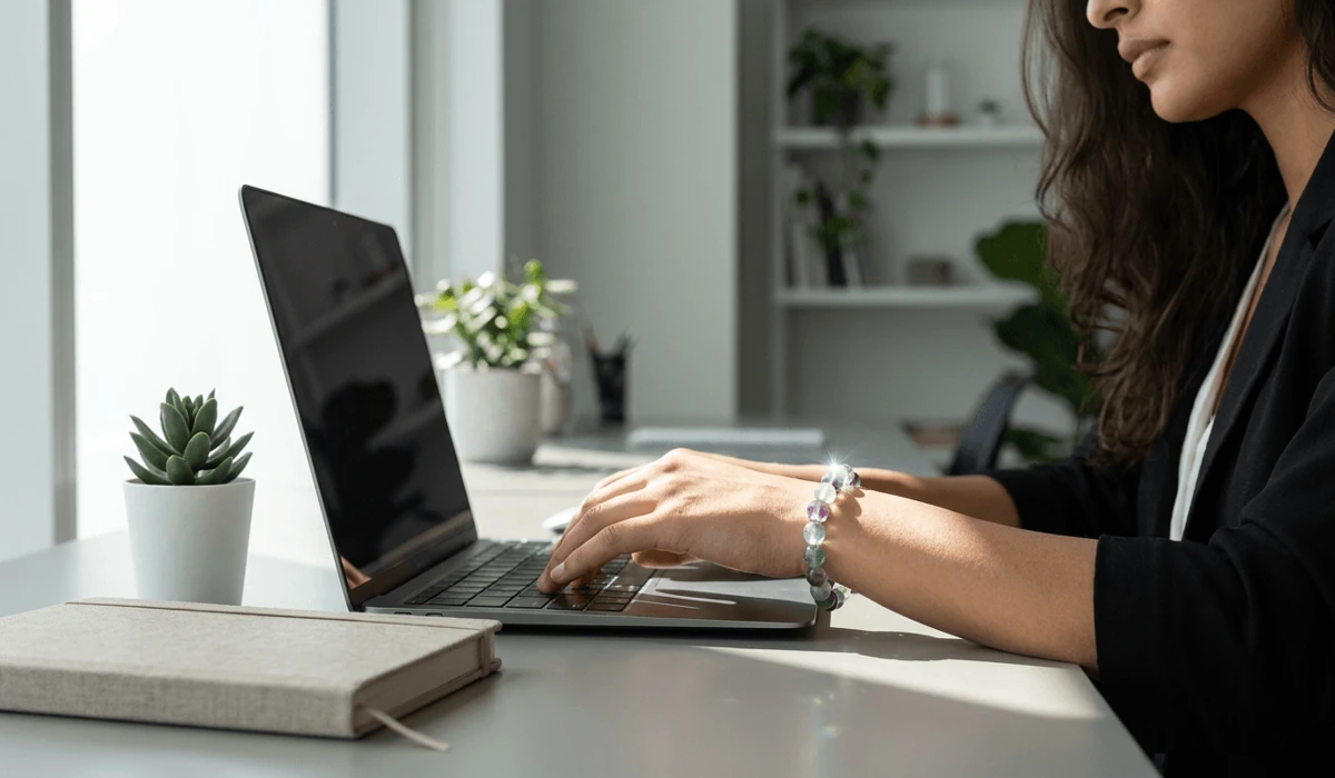 Which Hand Should You Wear a Fluorite Bracelet On? Left vs. Right Wrist 3 - Buddha Bodhis Person wearing a fluorite bracelet on their right wrist while working on a laptop for mental clarity and EMF protection.