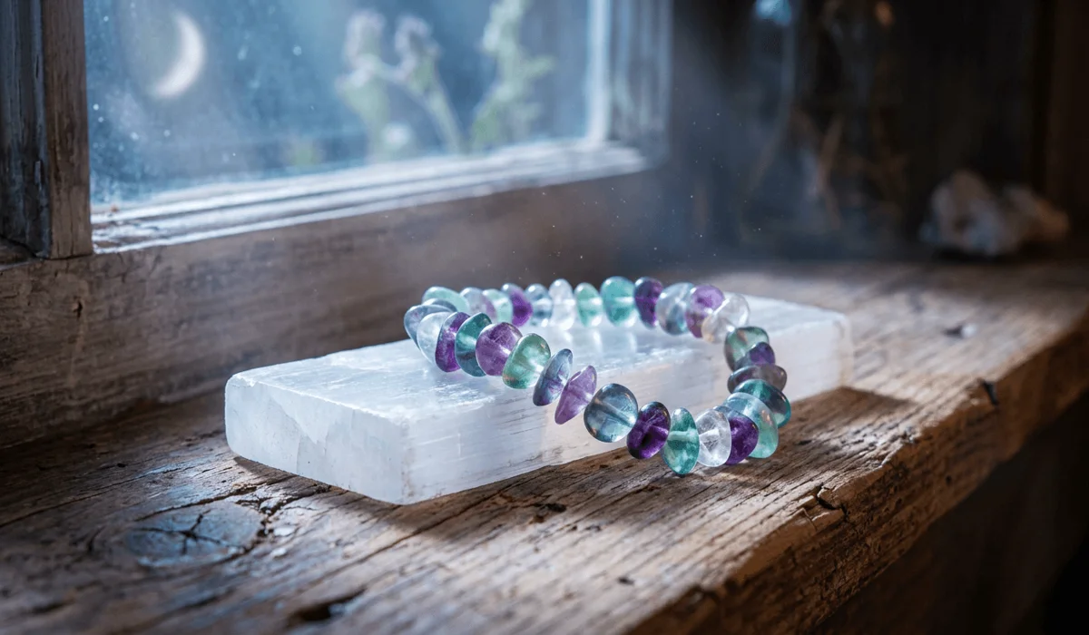 Which Hand Should You Wear a Fluorite Bracelet On? Left vs. Right Wrist 6 - Buddha Bodhis Rainbow fluorite bracelet resting on a selenite charging plate under moonlight for energy recharge.