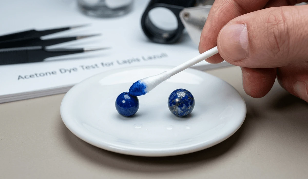 How to Identify Real vs. Fake Lapis Lazuli: A Practical Guide & Acetone Test - Buddha Bodhis Gemological acetone swab test demonstrating blue dye rub-off from fake lapis lazuli next to a genuine lapis stone.
