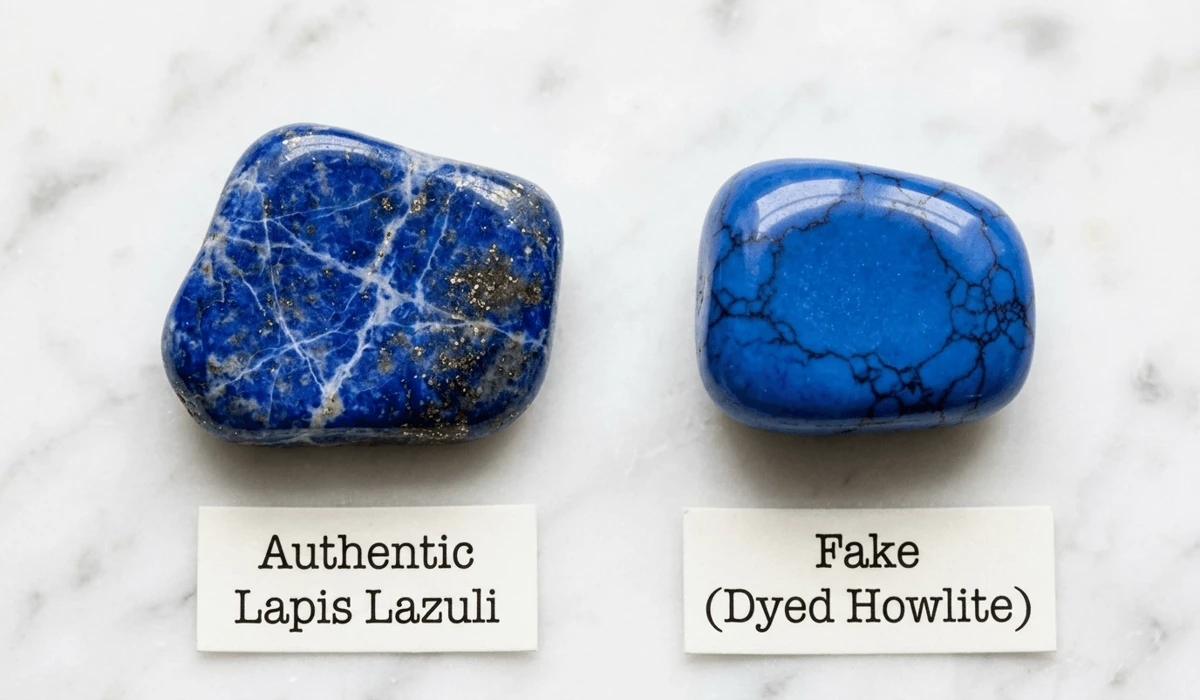 How to Identify Real vs. Fake Lapis Lazuli: A Practical Guide & Acetone Test 1 - Buddha Bodhis Side-by-side comparison showing physical markers of real lapis lazuli with gold pyrite vs fake dyed howlite.