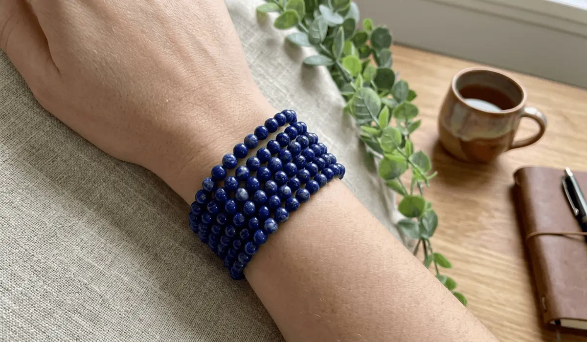 How to Identify Real vs. Fake Lapis Lazuli: A Practical Guide & Acetone Test 3 - Buddha Bodhis Authentic natural lapis lazuli gemstone bracelet worn on a person's left wrist.