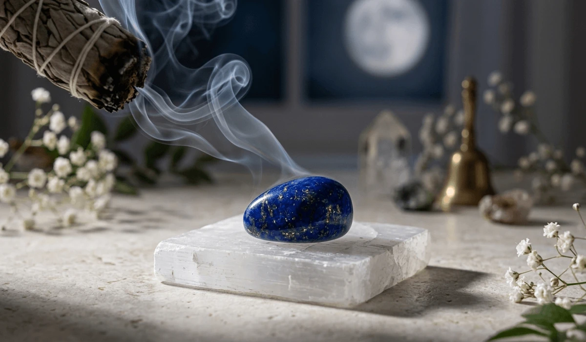 How to Identify Real vs. Fake Lapis Lazuli: A Practical Guide & Acetone Test 4 - Buddha Bodhis Cleansing natural lapis lazuli gemstone on a selenite charging plate with sage smoke.