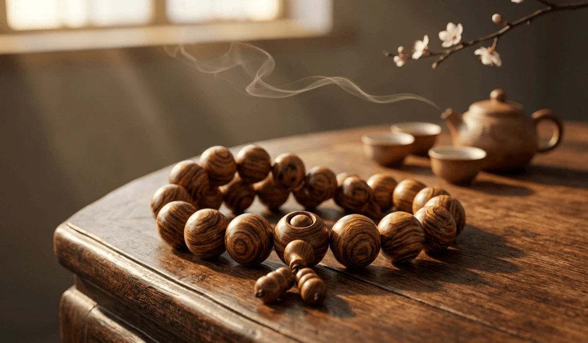 How to Identify Authentic Huanghuali Wood and Spot Acid-Treated Fakes 2 - Buddha Bodhis Authentic Huanghuali wooden mala bracelet resting on a traditional tea table with gentle incense smoke in a tranquil setting.