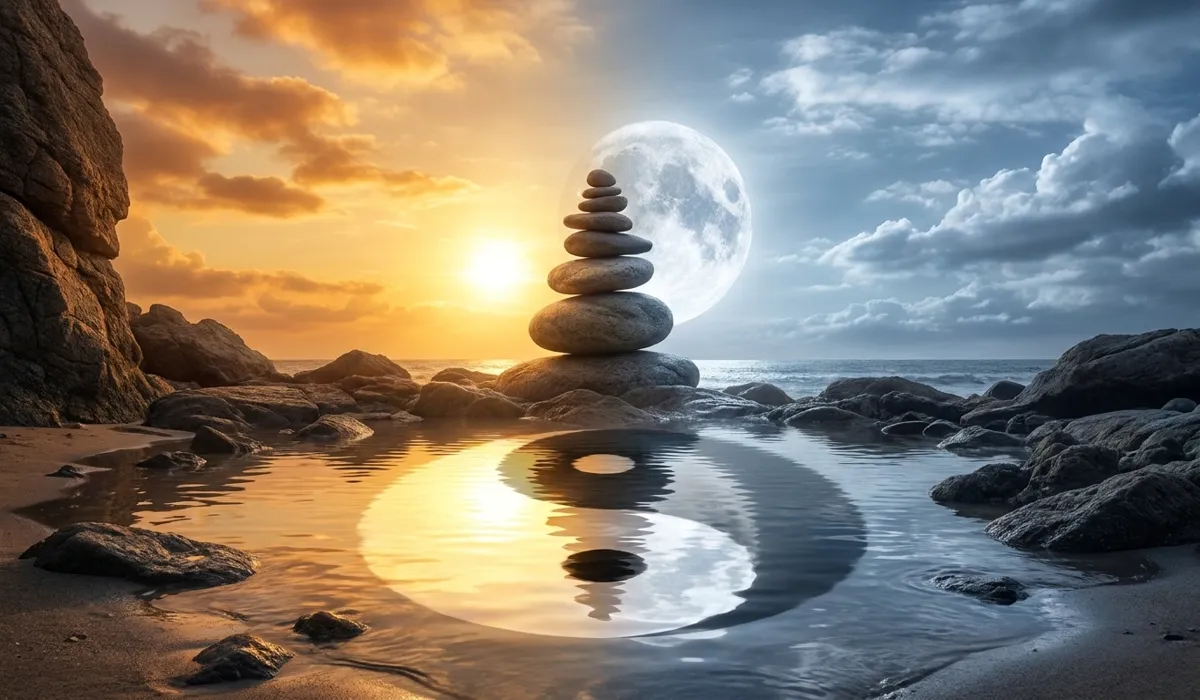 Finding Harmony: A Guide to Balancing Yin and Yang Energy in Your Body 4 - Buddha Bodhis A symbolic representation of the Middle Way showing a perfect balance between solar Yang and lunar Yin energies in a natural landscape.