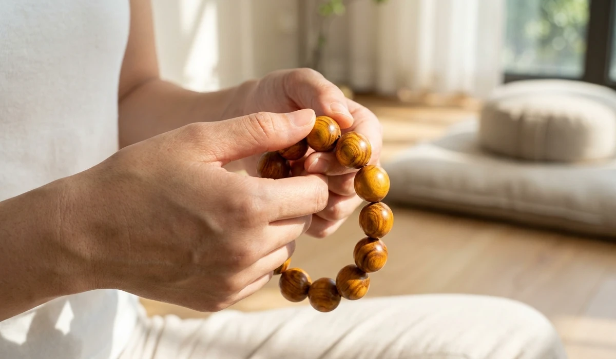 The Role of Huanghuali in Enhancing Focus and Mindfulness during Meditation 3 - Buddha Bodhis Close-up of hands using Huanghuali beads for tactile grounding and mindfulness practice.