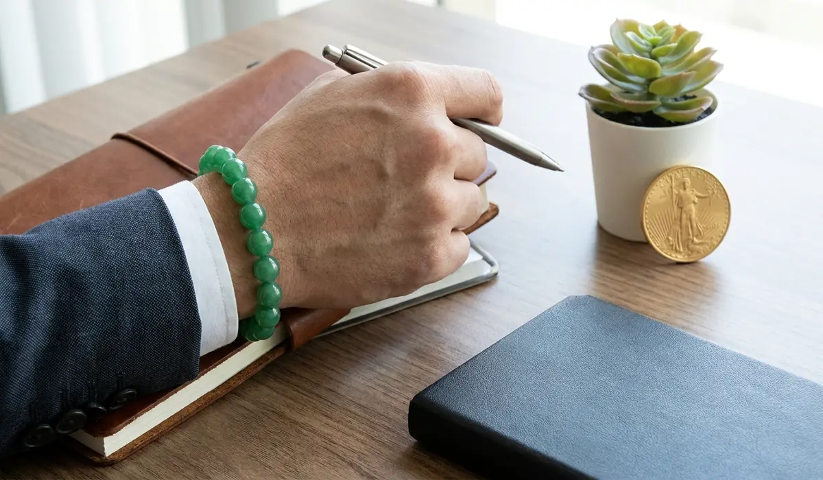 Green Aventurine: Spiritual Benefits for Luck, Wealth, and Opportunity 2 - Buddha Bodhis Green Aventurine bracelet worn on the left hand for attracting wealth and career opportunities.