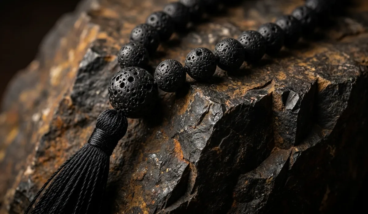 Lava Stone Mala Beads: Spiritual Meaning, Benefits, and Meditation Guide - Buddha Bodhis Close-up of a 108-bead lava stone mala showing the porous honeycomb texture of black volcanic basalt rock.