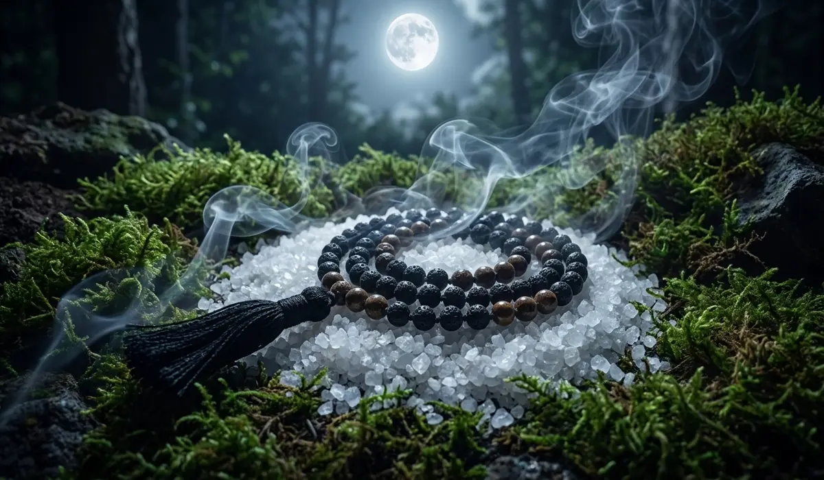 Lava Stone Mala Beads: Spiritual Meaning, Benefits, and Meditation Guide 4 - Buddha Bodhis Lava stone mala beads being cleansed with sea salt and moonlight to refresh their grounding energy.