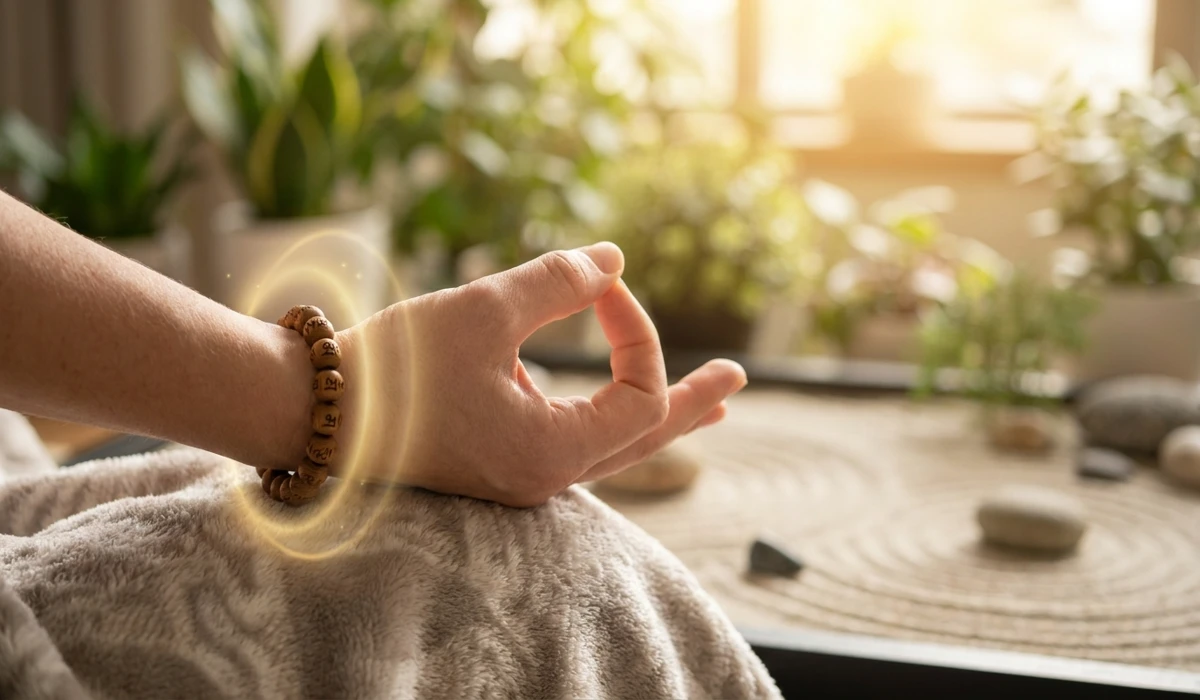 The Meaning and Spiritual Benefits of the Om Mani Padme Hum Bracelet 3 - Buddha Bodhis A person wearing a Buddhist mindfulness bracelet on the left wrist to receive spiritual shield energy during meditation.
