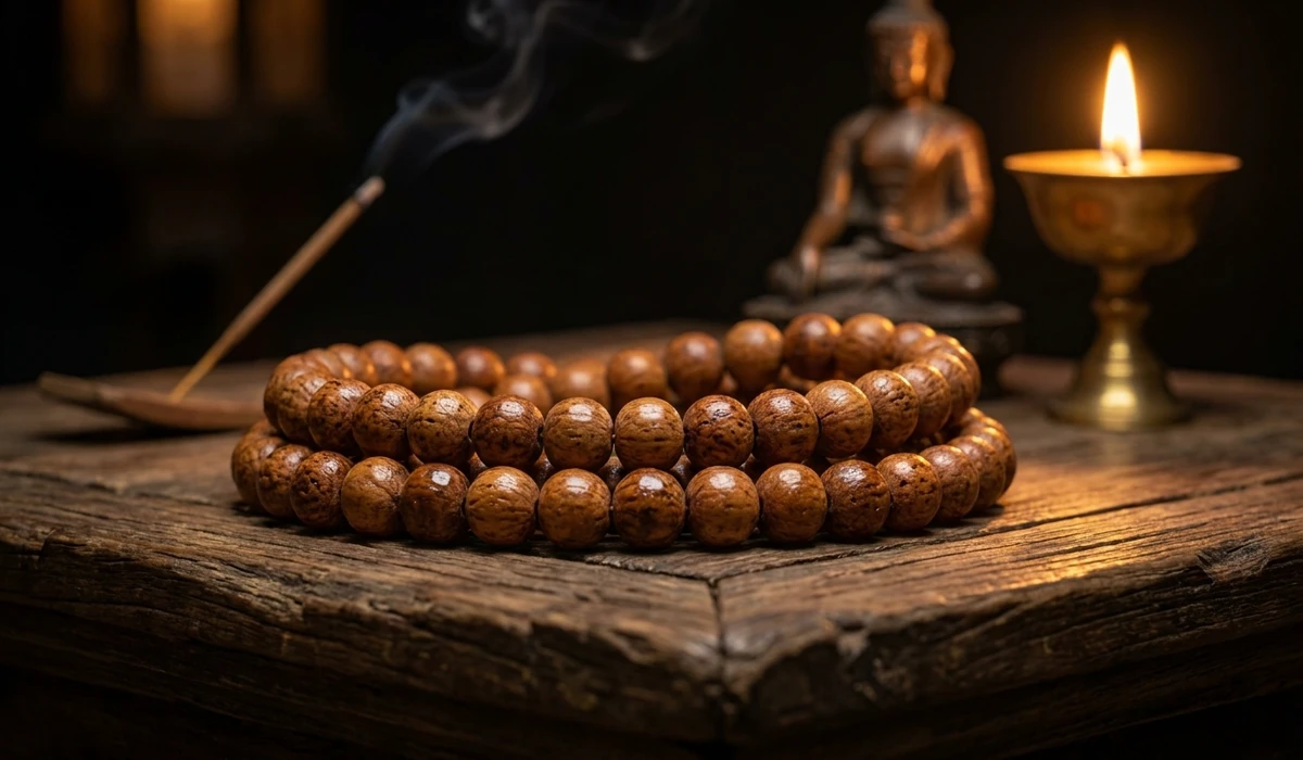 The Spiritual Significance and Benefits of Meditating with Bodhi Seed Malas - Buddha Bodhis A close-up of sacred Bodhi seed mala beads on a wooden altar with a blurred Buddha statue in the background, symbolizing spiritual awakening.
