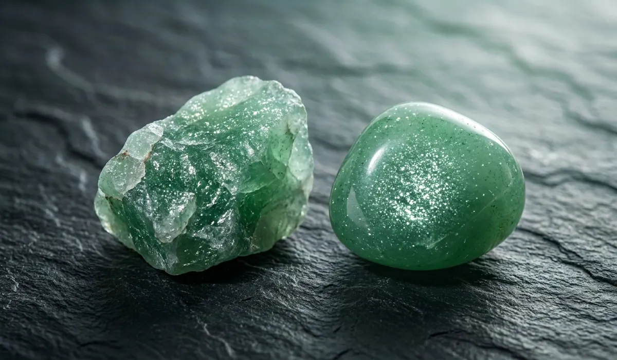 Green Aventurine: Spiritual Benefits for Luck, Wealth, and Opportunity - Buddha Bodhis Close-up of Green Aventurine crystal showing its natural shimmer and translucent green quartz texture.