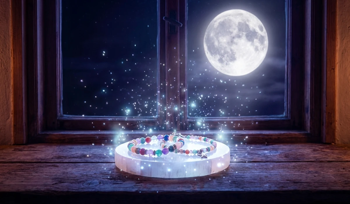 How to Cleanse and Charge Your Child’s Spiritual Jewelry 3 - Buddha Bodhis A child's spiritual bracelet being cleansed and charged on a Selenite plate under the light of a full moon on a windowsill.