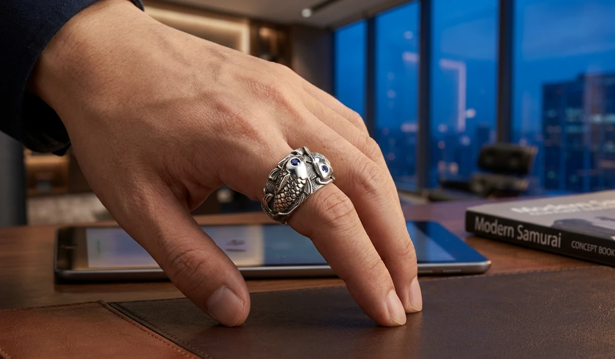Swimming Upstream: The Symbolic Meaning of Koi Fish for Resilience and Luck 2 - Buddha Bodhis Detailed close-up of a Koi fish ring, a symbol of resilience and strength for the modern professional.