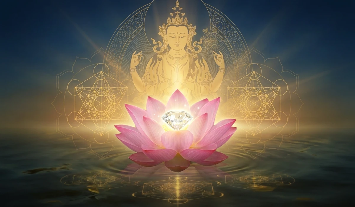 The Meaning and Spiritual Benefits of the Om Mani Padme Hum Bracelet 1 - Buddha Bodhis Symbolic art of the Jewel in the Lotus and the Chenrezig deity representing the spiritual meaning of the Mani mantra.