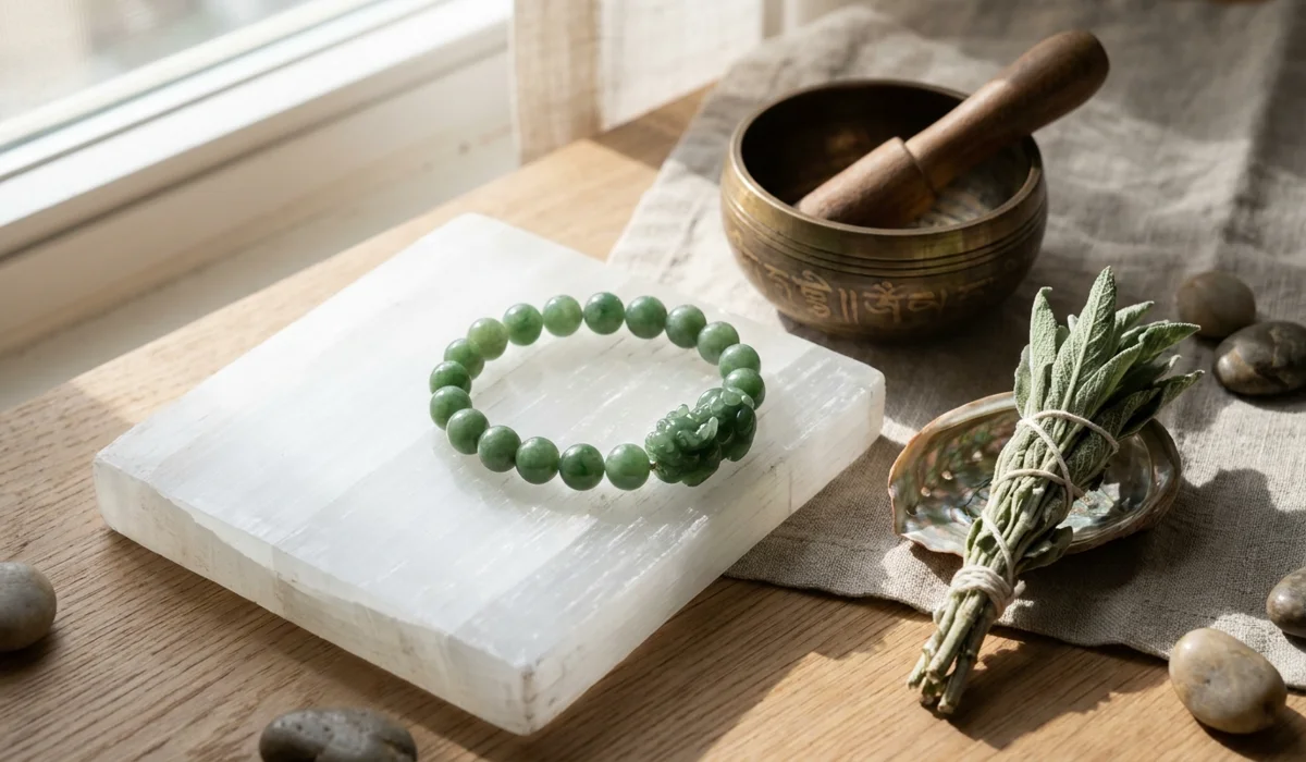 The Meaning of Jade Pixiu: A Symbol of Wealth, Health, and Spiritual Protection 4 - Buddha Bodhis A jade Pixiu bracelet placed on a selenite crystal for energy cleansing and charging in a serene setting.