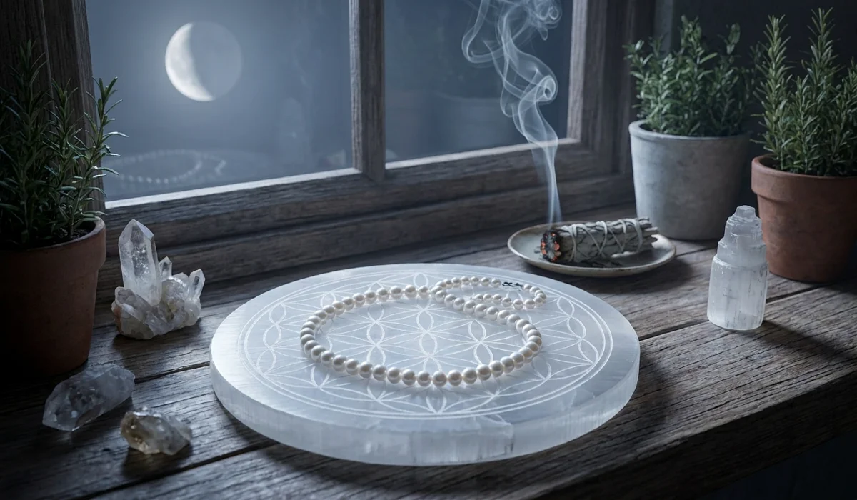 The Spiritual Meaning and Healing Benefits of Wearing Pearls for Women 4 - Buddha Bodhis Pearl jewelry being charged on a selenite plate under moonlight, illustrating spiritual cleansing and care practices for organic gemstones.