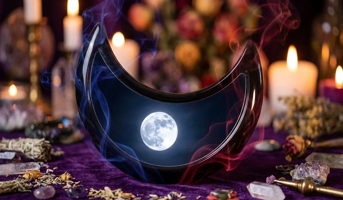 Silver Sheen Obsidian Meaning: Healing Properties and Spiritual Benefits for Meditation - Buddha Bodhis Silver Sheen Obsidian scrying mirror reflecting a full moon, symbolizing lunar energy and spiritual chakra alignment.