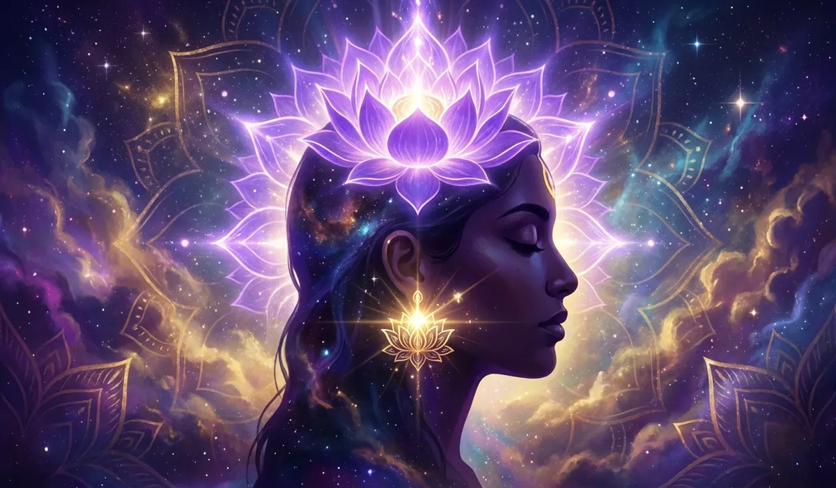 The Spiritual Meaning of Lotus Flower Earrings: A Symbol of Purity and Awakening 4 - Buddha Bodhis Artistic depiction of the Crown Chakra and lotus flower earrings representing spiritual awakening and enlightenment.