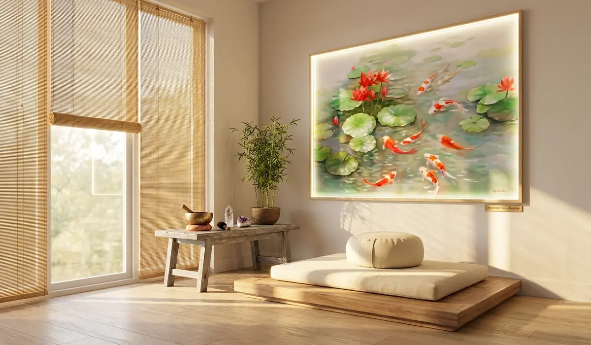 Swimming Upstream: The Symbolic Meaning of Koi Fish for Resilience and Luck 4 - Buddha Bodhis A peaceful Zen interior featuring Koi fish symbols used for meditation and Feng Shui career luck.