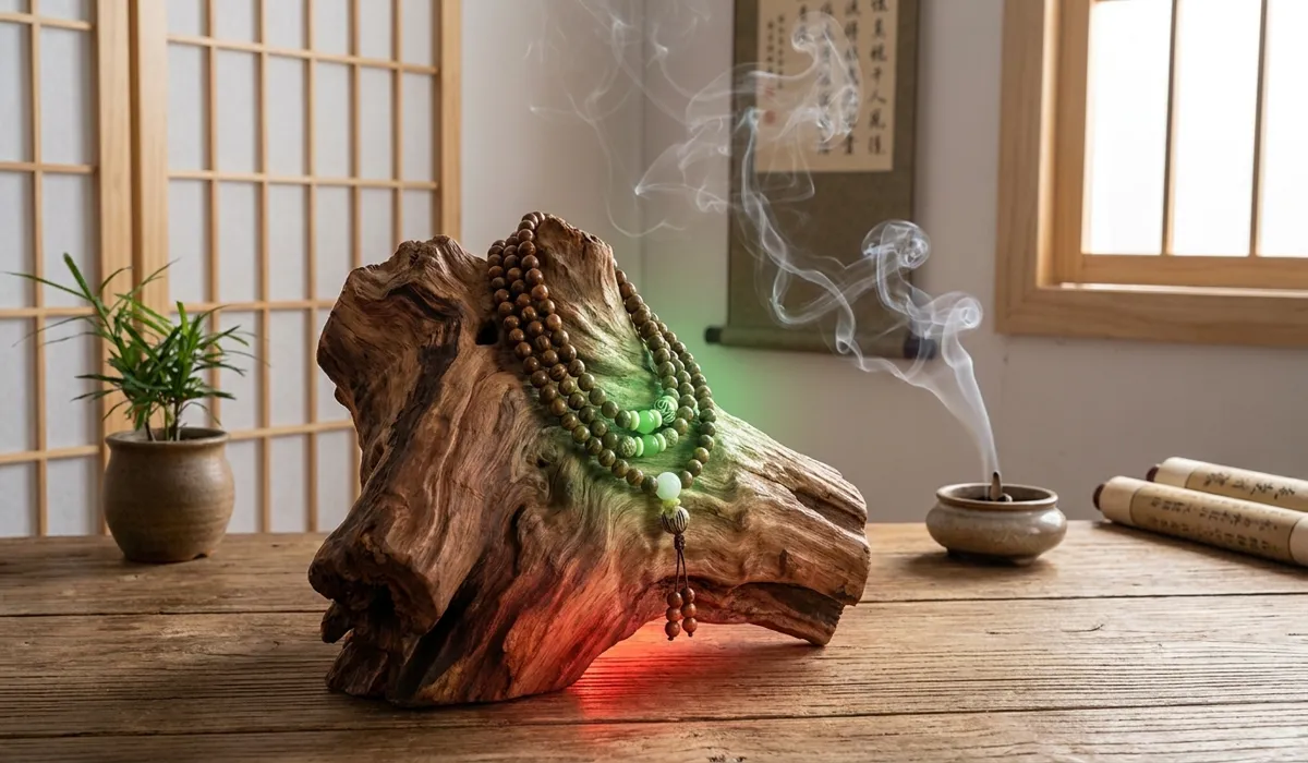 The Role of Huanghuali in Enhancing Focus and Mindfulness during Meditation 1 - Buddha Bodhis Huanghuali wood mala beads symbolizing spiritual grounding and chakra alignment in a Zen setting.