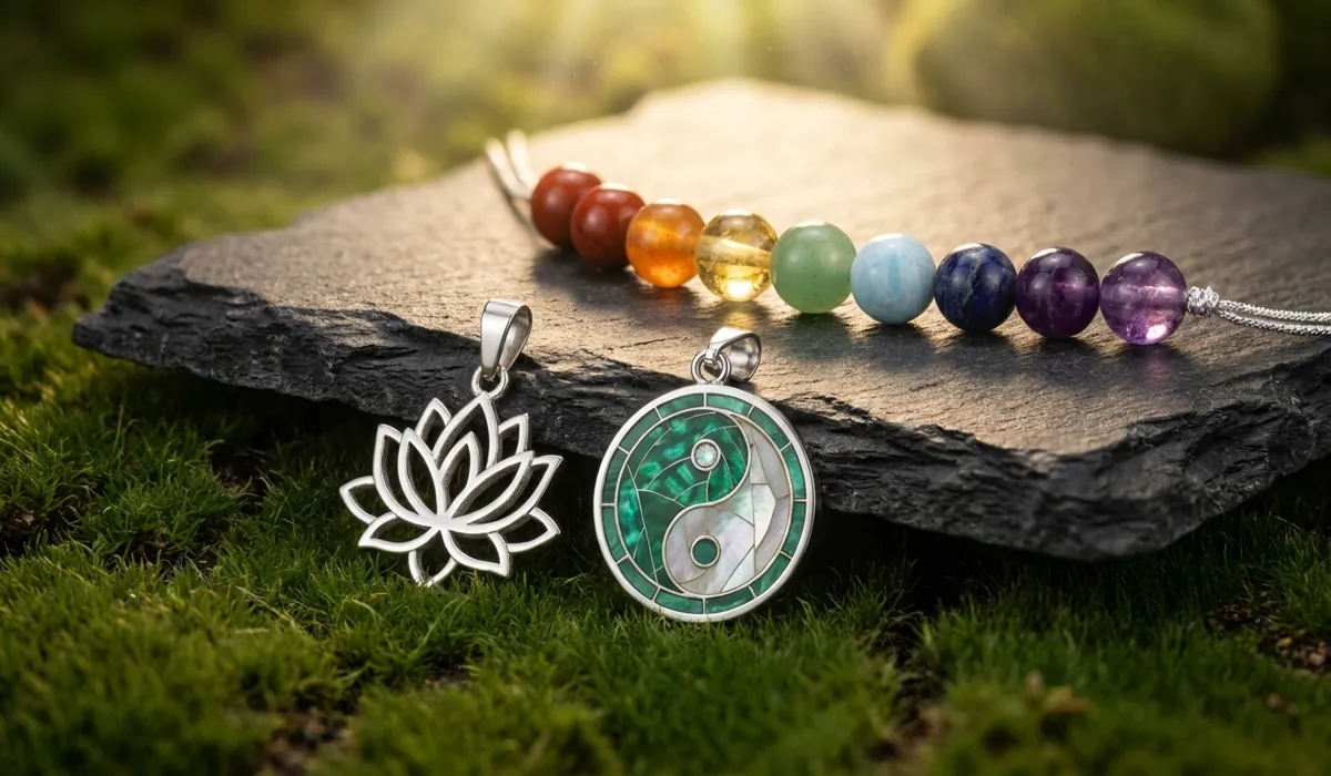 A Mindful Guide to Wearing Spiritual Jewelry with Intention 1 - Buddha Bodhis Spiritual jewelry symbols including Yin Yang and Lotus motifs arranged on stone and moss to represent energy harmony and spiritual awakening.