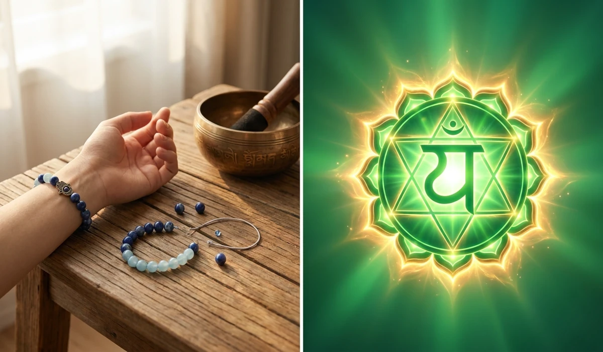 The Spiritual Meaning of a Broken Bracelet: Is It a Bad Omen or a Hidden Message? 1 - Buddha Bodhis A broken mala bracelet next to a glowing Heart Chakra symbol, representing karmic completion and emotional healing.