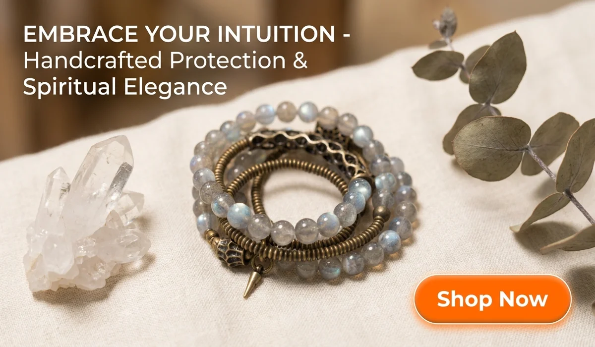 How to Use Labradorite for Aura Cleansing and Spiritual Meditation 3 - Buddha Bodhis Mystic Labradorite and Vintage Brass Spiral Bracelet on cream linen background with Shop Now button, representing intuition and protection for spiritual jewelry blog.