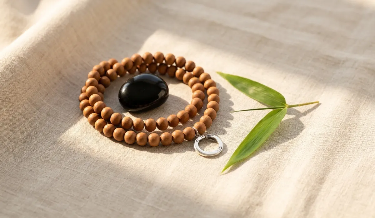 How to Use Spiritual Jewelry to Cultivate a Zen Mindset - Buddha Bodhis Minimalist Zen spiritual jewelry featuring sandalwood beads and an Enso symbol on a natural linen background.