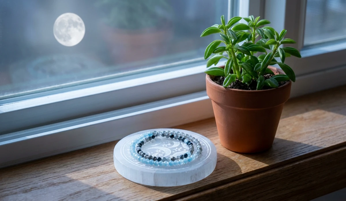 Spiritual Protection Bracelets for Children: A Guide to Safety, Crystals, and Meaning 4 - Buddha Bodhis A child's spiritual bracelet resting on a Selenite charging plate by a window under moonlight for energy cleansing.