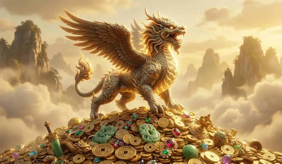 How to Wear a Pixiu Pendant: Essential Feng Shui Rules for Wealth and Protection - Buddha Bodhis Mythical Pixiu creature standing on gold coins symbolizing wealth attraction and preservation.