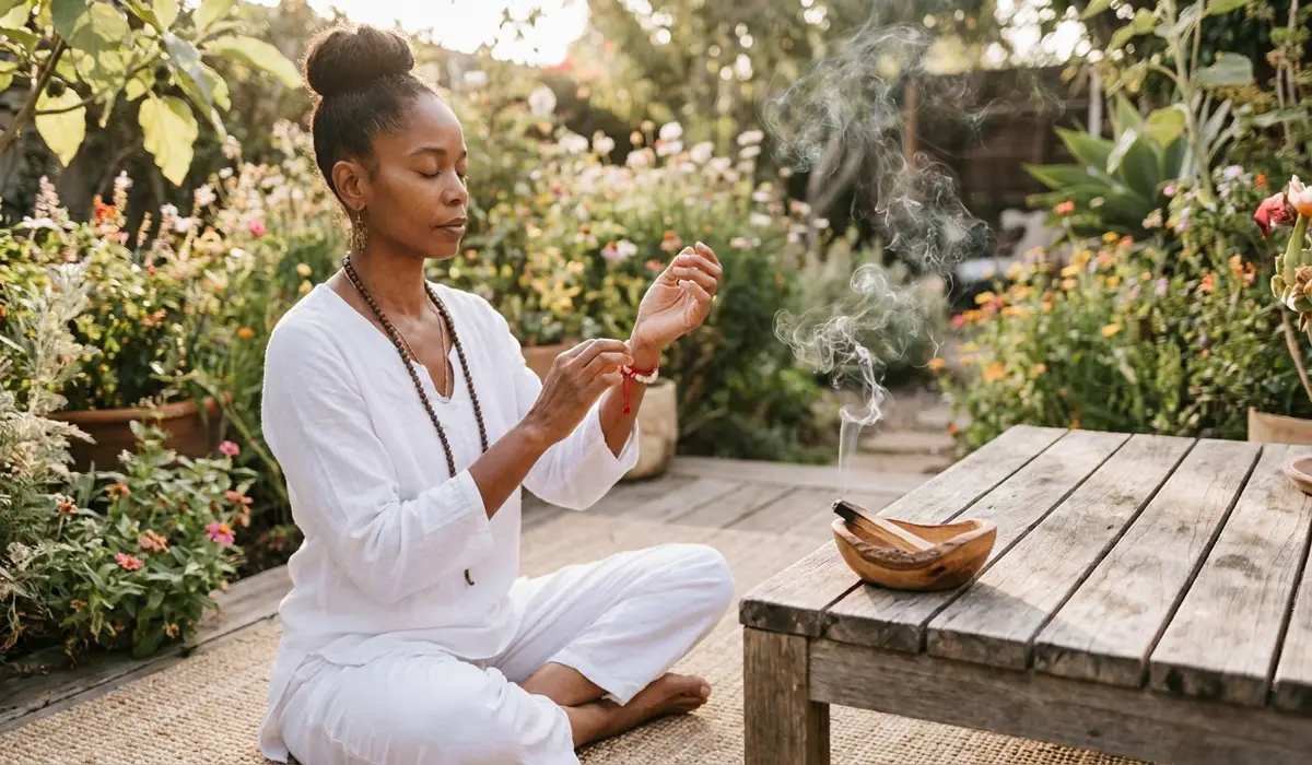 The Spiritual Significance of the Red String Bracelet: Why It Is Worn on the Receiving Hand 4 - Buddha Bodhis A woman performing a mindfulness ritual, touching her red string bracelet during meditation with cleansing incense.