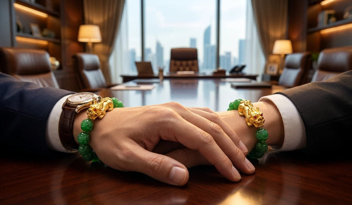 The Meaning of Jade Pixiu: A Symbol of Wealth, Health, and Spiritual Protection 3 - Buddha Bodhis A close-up of a jade Pixiu bracelet worn on the left hand, showing the correct orientation for attracting prosperity.