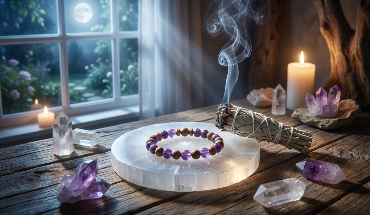How to Use Spiritual Jewelry to Cultivate a Zen Mindset 4 - Buddha Bodhis Spiritual jewelry being cleansed on a Selenite charging plate with sage smoke in moonlight.