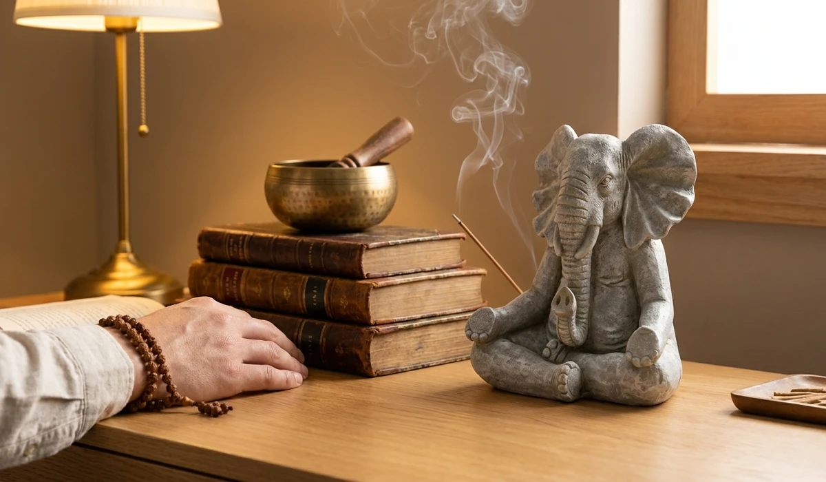 The Elephant as a Guardian of Wisdom: Spiritual Meanings and Home Decor Placement 5 - Buddha Bodhis A peaceful workspace with an elephant figurine and meditation tools, symbolizing mental focus, memory, and the removal of intellectual obstacles.