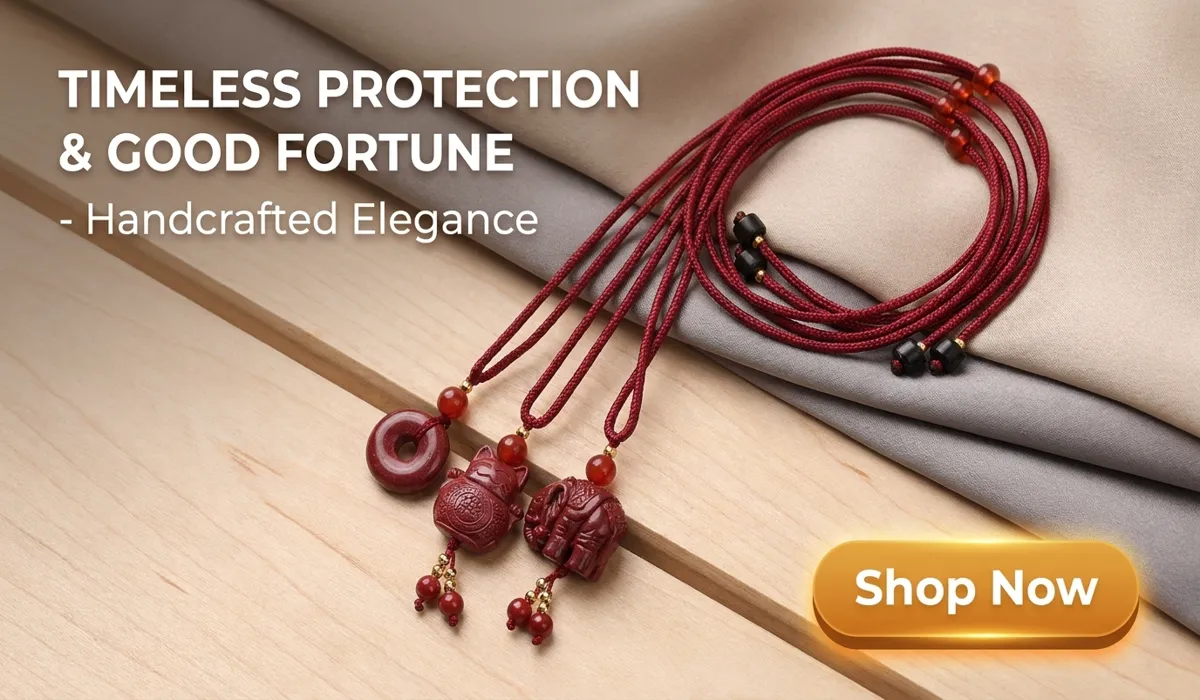 Feng Shui Protection Bracelets for Children: Safety, Rules, and Best Practices 4 - Buddha Bodhis Handcrafted Natural Red Cinnabar Necklace featuring Safety Buckle, Elephant and Lucky Cat amulets for protection and good fortune, high-end jewelry for modern style.