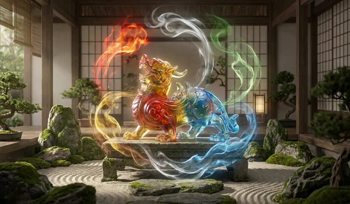Liuli Pixiu Meaning: A Guide to Attracting Wealth and Prosperity 1 - Buddha Bodhis Liuli Pixiu surrounded by Five Elements energy mist, illustrating its spiritual meaning and Feng Shui symbolism for balance and abundance.