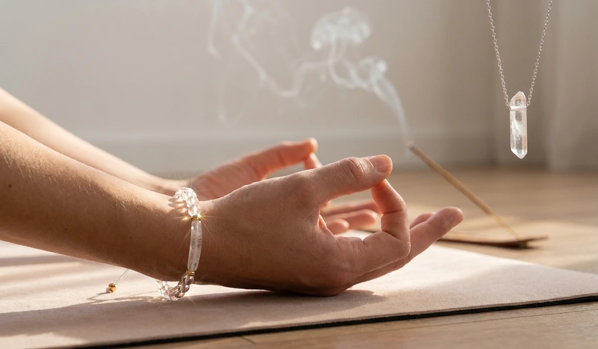 How to Use Clear Quartz for Meditation and Spiritual Growth 2 - Buddha Bodhis Clear quartz jewelry including a bracelet and pendant worn during a mindfulness meditation session for energy amplification.
