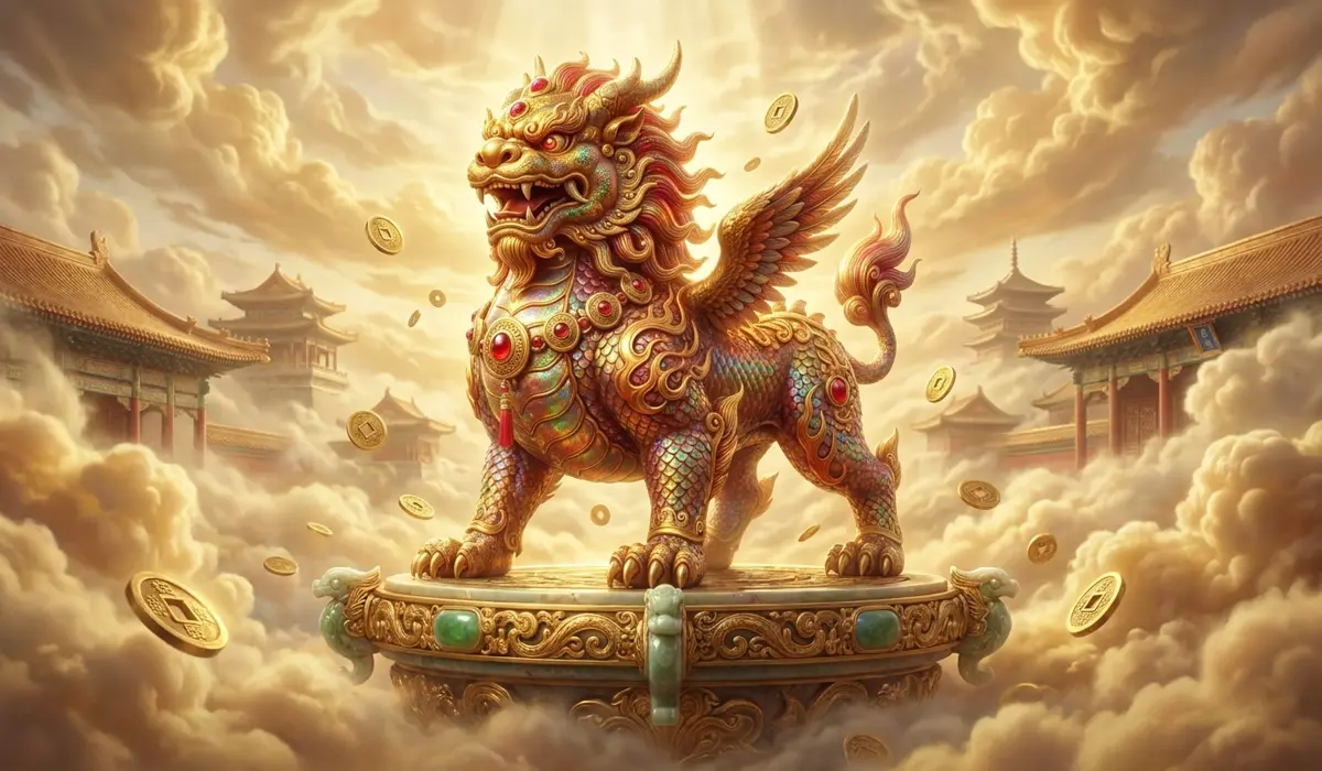 The Complete Guide to Pixiu: Meaning, History, and Feng Shui Rules - Buddha Bodhis A majestic Pixiu, the mythical ninth son of the Dragon King, standing among golden clouds and ancient Chinese architecture symbolizing wealth and sacred legends.