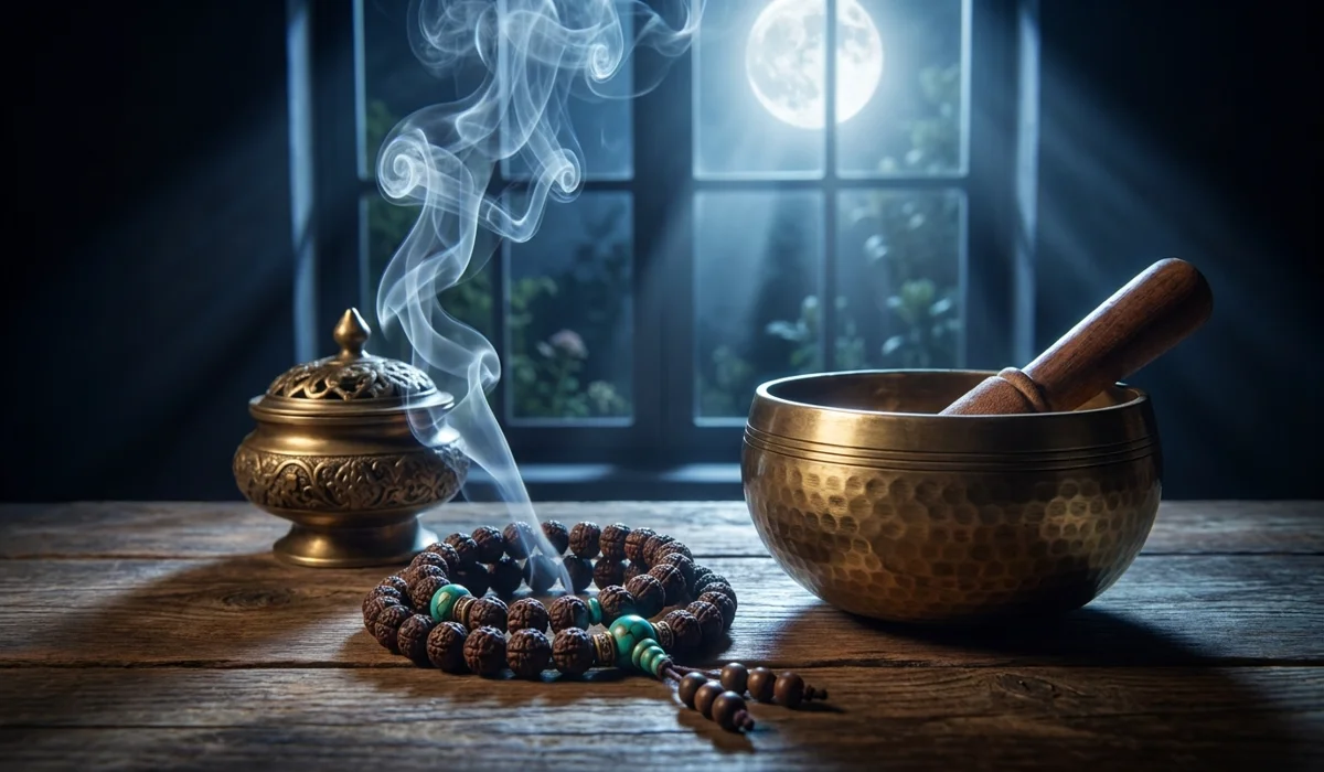 The Meaning and Spiritual Benefits of the Om Mani Padme Hum Bracelet 4 - Buddha Bodhis Cleansing a Tibetan Buddhist bracelet using sandalwood incense smoke and a singing bowl to refresh its spiritual energy.