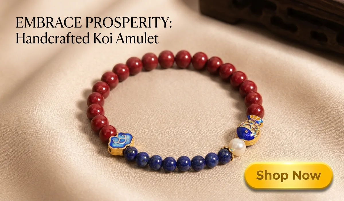 Swimming Upstream: The Symbolic Meaning of Koi Fish for Resilience and Luck 3 - Buddha Bodhis Handcrafted Natural Red Cinnabar and Lapis Lazuli Bracelet featuring a Blue Koi Fish Amulet for Wealth and Success, premium oriental jewelry photography for blog.