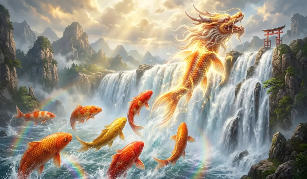 The Meaning of 9 Koi Fish in Feng Shui: Symbolism and Placement for Prosperity - Buddha Bodhis The legend of the Dragon Gate showing 9 Koi fish transforming into a dragon, symbolizing the ultimate manifestation of success and perseverance in Feng Shui.