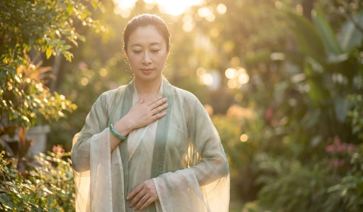 How to Measure Your Hand for the Perfect Jade Bangle Size 2 - Buddha Bodhis A woman wearing a jade bangle on her left hand near her heart, illustrating the Feng Shui tradition of the receiving hand.