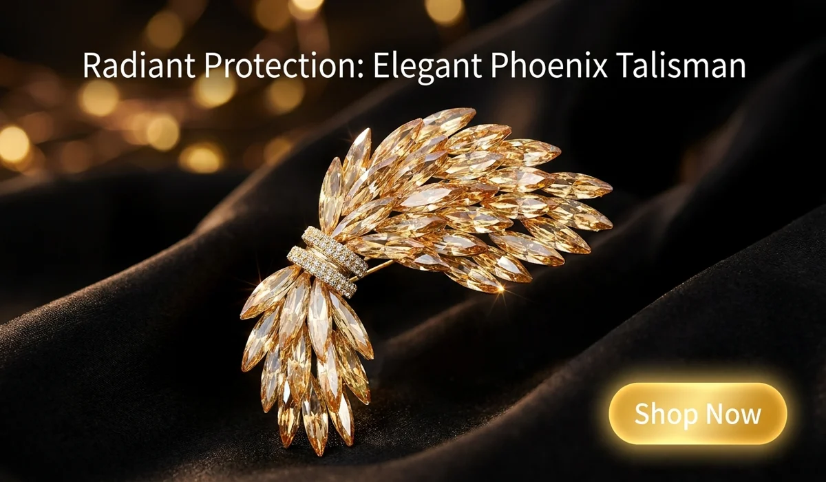 The Dragon and Phoenix: Understanding the Symbolism of Relationship Harmony and Balance 2 - Buddha Bodhis Golden Wing Austrian Crystal Brooch phoenix talisman for heart protection with Shop Now button